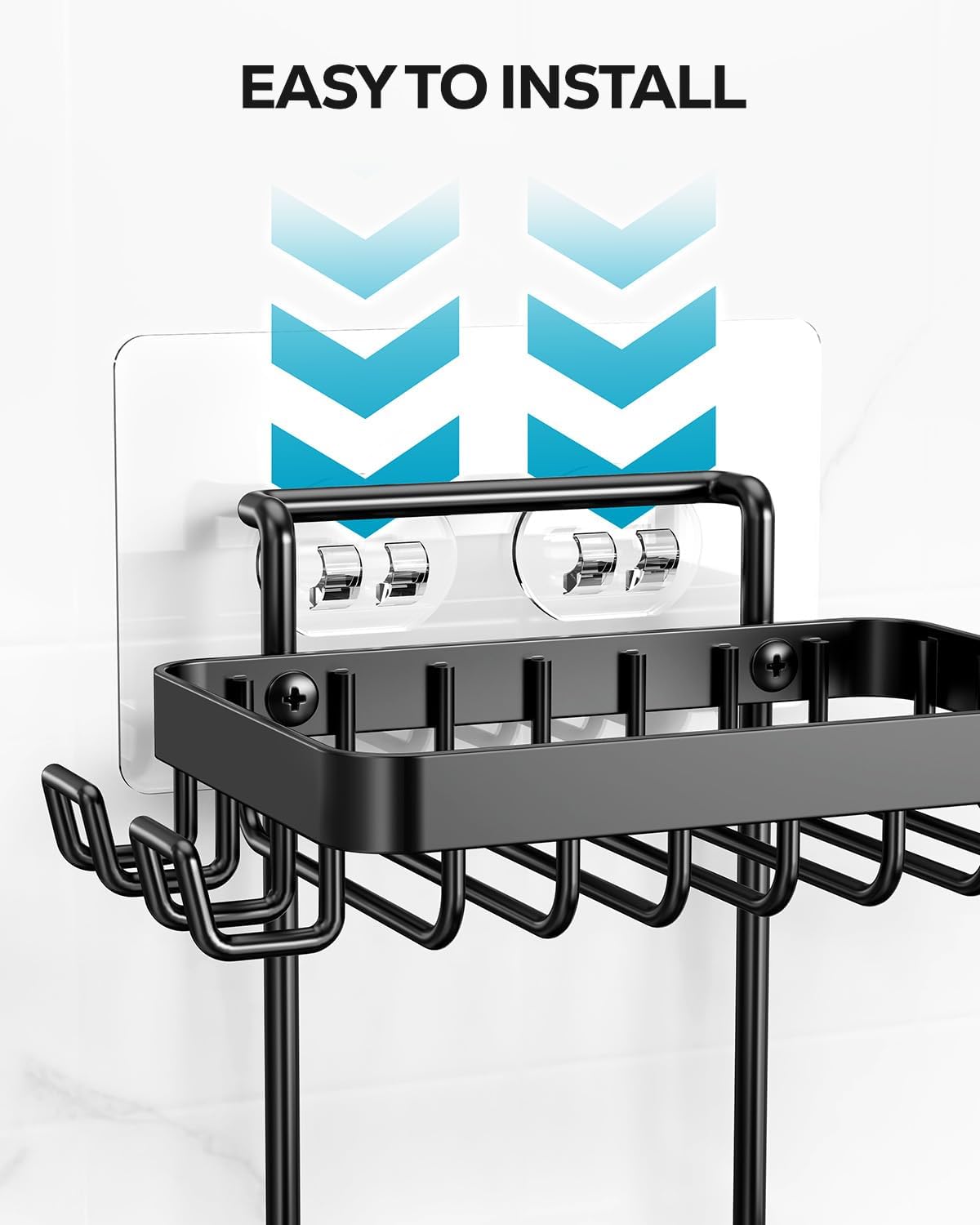 Nieifi Bar Soap Holder, Adhesive Soap Dish for Bathroom Shower Wall | Stainless steel, 2 tier, razor holders, 8 hooks, bathtub, kitchen sink, wall mounted, no drilling, counter, black