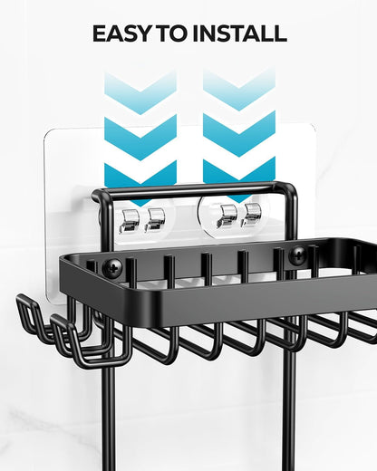 Nieifi Bar Soap Holder, Adhesive Soap Dish for Bathroom Shower Wall | Stainless steel, 2 tier, razor holders, 8 hooks, bathtub, kitchen sink, wall mounted, no drilling, counter, black