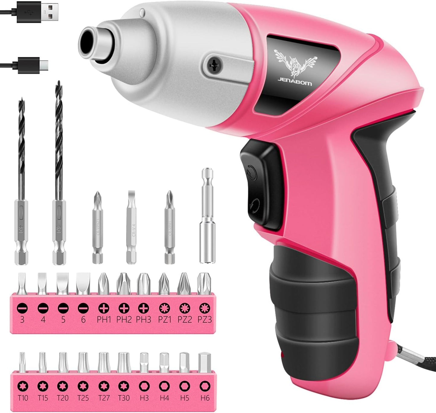 JENABOM Pink 3.6V USB Cordless Electric Screwdriver & Household Tool Kit | Power Screwdriver and Hand Tools in a Compact Box Case for Small Repair and Maintenance- Ideal Housewarming Gift, 112Pcs