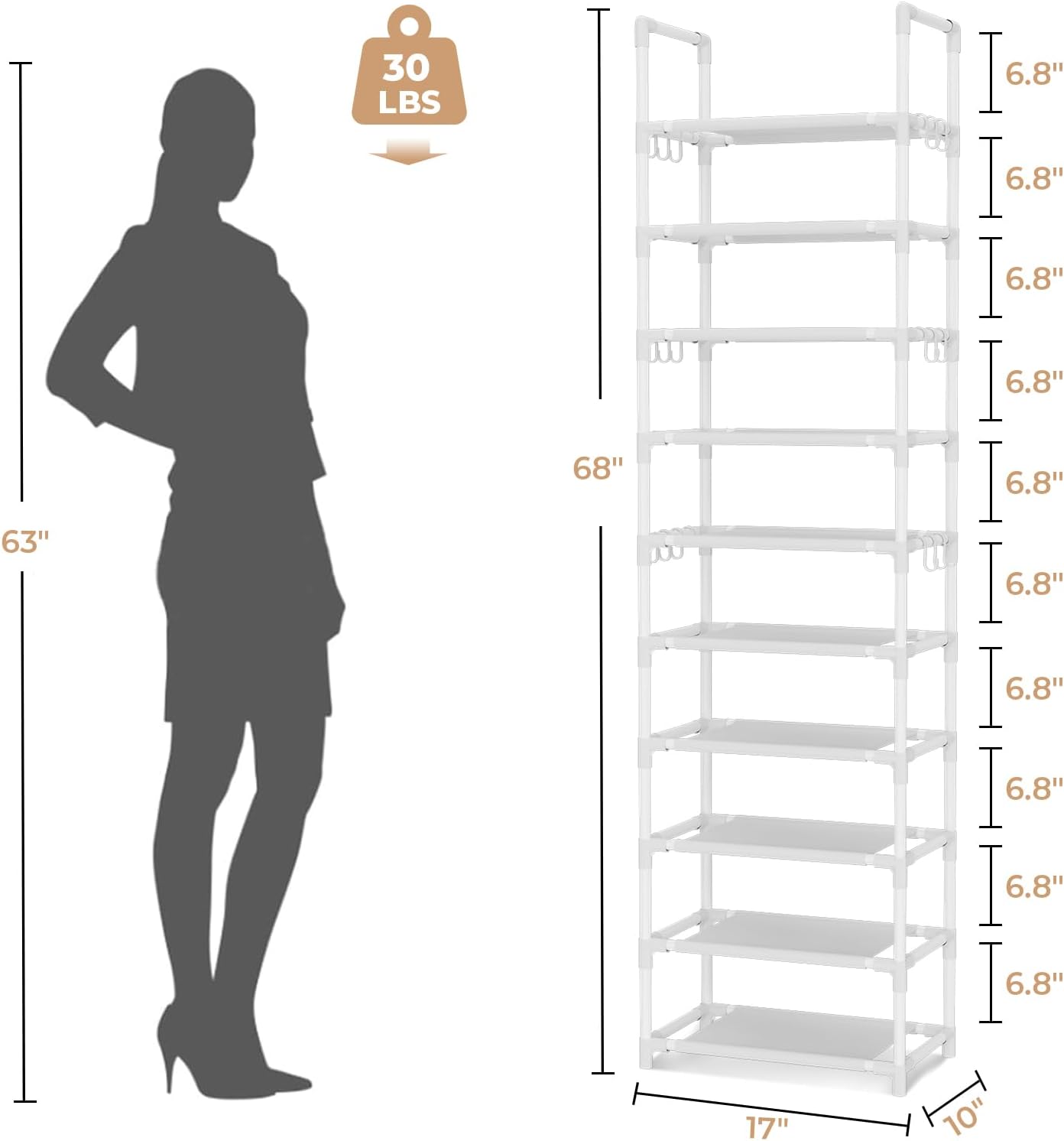 VTRIN 10 Tiers Tall Shoe Rack Holds 20-25 Pairs of Shoes Sturdy Vertical Shoe Organizer with 18pcs Hooks Stackable Narrow Shoe Rack for Closet, Entryway Black