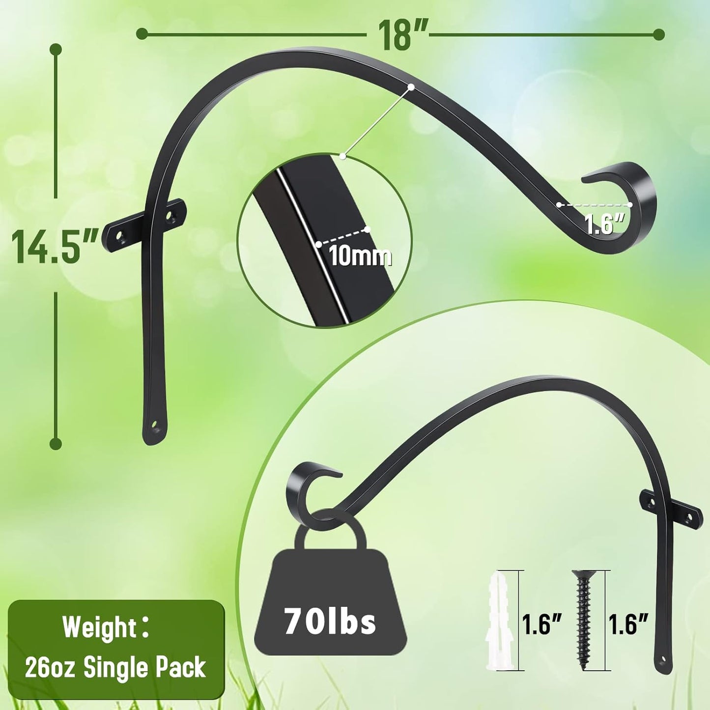 FEED GARDEN Heavy Duty Plant Hangers Outdoor Indoor, 8 Inch 2 Pack Metal Hanging Bracket Holds Up to 44 lbs, Wall Brackets for Hanging Baskets, Bird Feeders,Wind Chime& Lanterns, Black