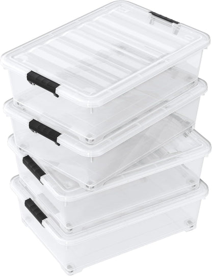 40 Quart Plastic Clear Underbed Storage Bin with Wheels, 3 Packs | Stackable Large Flat Under Bed Organization Boxes with Lids