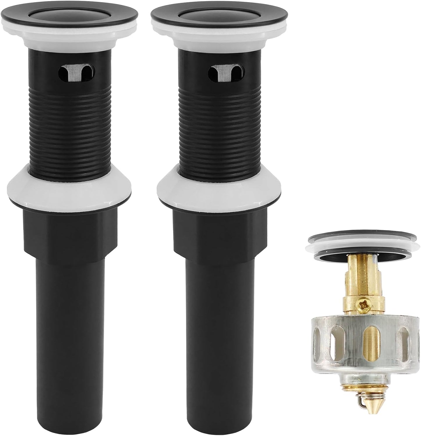 Bathroom Sink Drain,2 Pack Matte Black Drain Stopper Without Overflow,Small Cap Pop Up Drain Assembly with Detachable Strainer Basket,Built-in Anti-Clogging, Stainless Steel Nut