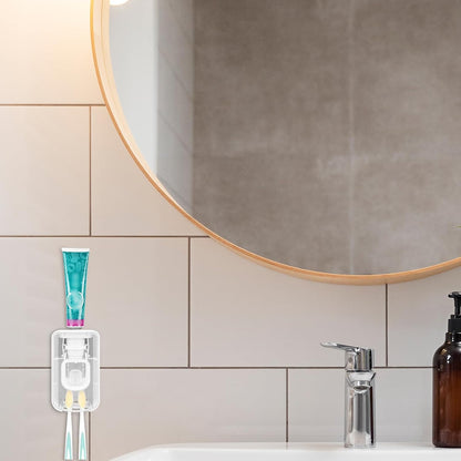 2 Slot Toothbrush Holder and Toothpaste Dispenser Wall Mounted, Automatic Toothpaste Squeezer, 2 in 1 Tooth Brush Toothpaste Organizer for Shower (Grey)