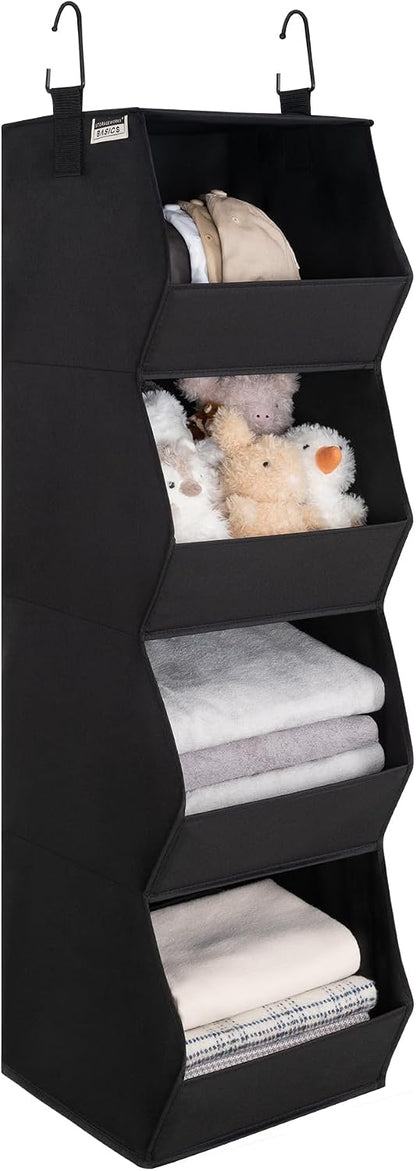 StorageWorks Basics Hanging Closet Organizer, 4-Shelf Wide Trapezoid Closet Shelves with Reinforced Anti-Sagging Support for Sweaters, Hoodies and Handbags, Foldable Storage Organizer, Beige