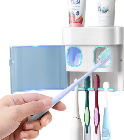 GFWARE Toothbrush Holder Toothpaste Dispenser Wall Mounted with Cover, 4 Slots Tooth Brush Storage Organizer with Automatic Kids Toothpaste Squeezers for Shower Bathroom Black