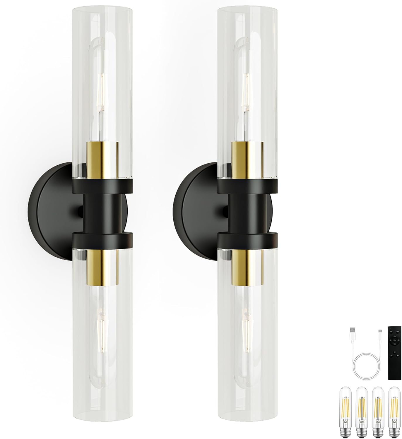 Battery Operated Wall Sconce Set of 2, 10000mAh Rechargeable Wireless Wall Lights Remote Control, Cordless Timer Dimmable Glass Wall Lamps for Living Room Bedside Entryway Emergency Gold 16.5 Inch