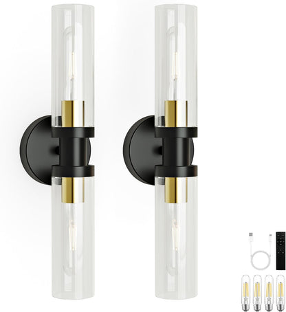 Battery Operated Wall Sconce Set of 2, 10000mAh Rechargeable Wireless Wall Lights Remote Control, Cordless Timer Dimmable Glass Wall Lamps for Living Room Bedside Entryway Emergency Gold 16.5 Inch