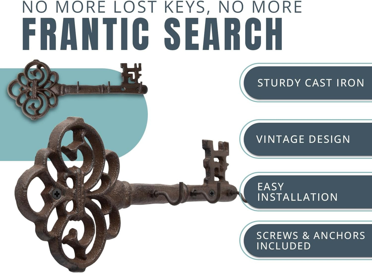 Comfify Brown Cast Iron Skeleton Key Wall Hook – 3 Hooks, 10.8" L | Brown; cast iron; 10.8"L x 2"W x 4.7"H; 3 hooks; KEYS embossed; matching brown screws; farmhouse entryway decor