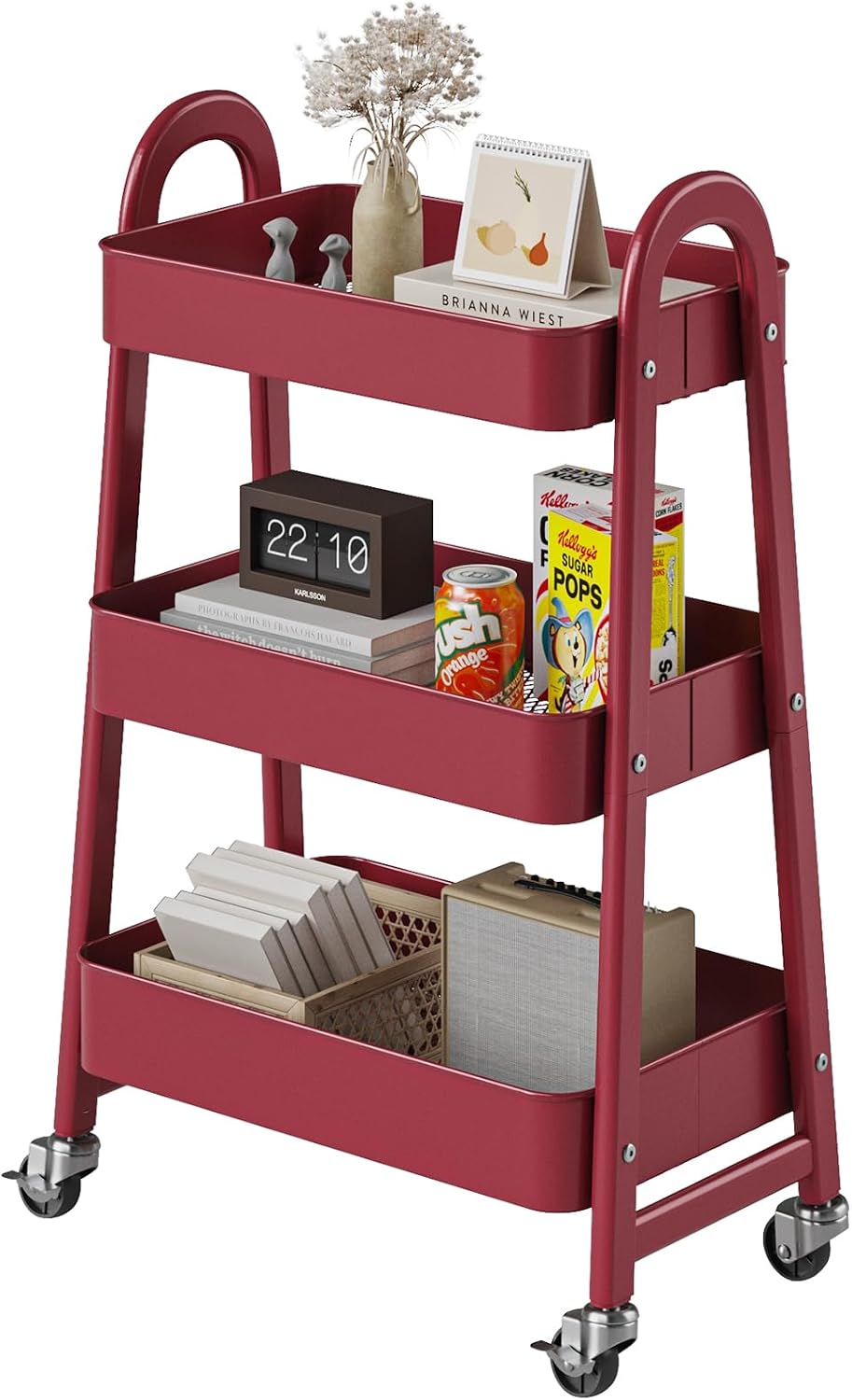 DUMOS 3 Tiers Rolling Cart, Utility Cart, Metal, White | Mobile Storage, Lockable Wheels, Utility Shelving Unit, Kitchen, Bathroom, Laundry, Narrow Places