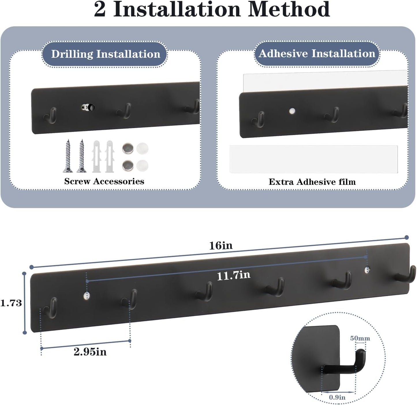 Coat Rack Wall Mounted, Heavy Duty Wall Hooks for Hanging Keys Purse Towel Coat, Premium Stainless Steel Entry Coat Hooks Rack, Large Adhesive Key Holder Towel Racks for Bathroom RV (Black)