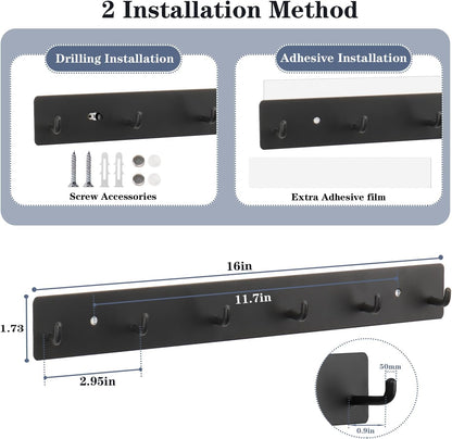 Coat Rack Wall Mounted, Heavy Duty Wall Hooks for Hanging Keys Purse Towel Coat, Premium Stainless Steel Entry Coat Hooks Rack, Large Adhesive Key Holder Towel Racks for Bathroom RV (Black)