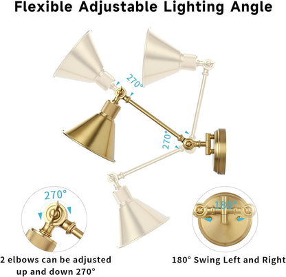 TRLIFE Rechargeable Battery Operated Wall Sconces, Dimmable and Adjustable Color Temperature Wireless Wall Sconces Set of 2 with Remote Control, Gold Swing Arm Wall Light for Bedroom Bedside Hallway
