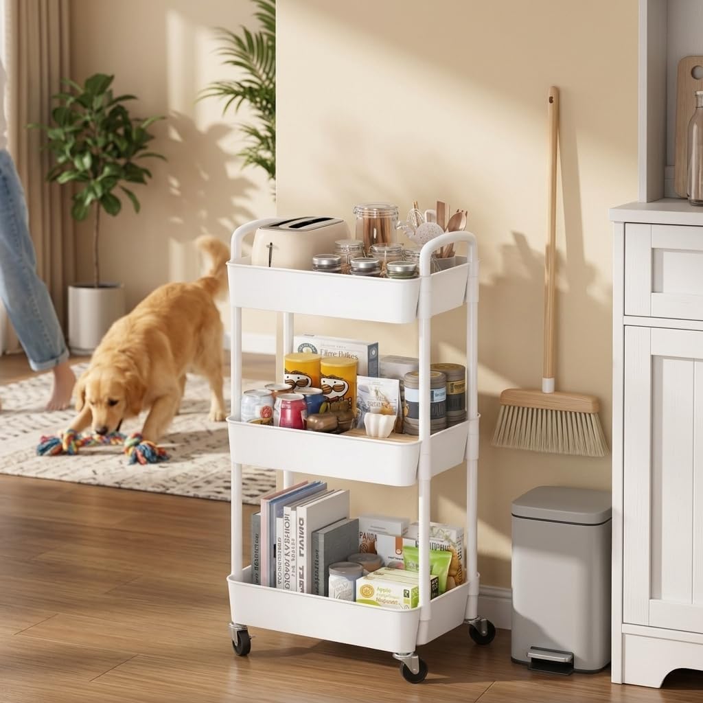 3-Tier Rolling Storage Cart with Wheels - Slim Mobile Utility Cart Organizer Rack, Space-Saving Multi-Functional Rolling Shelf for Kitchen, Bathroom, Laundry Room, Office, White