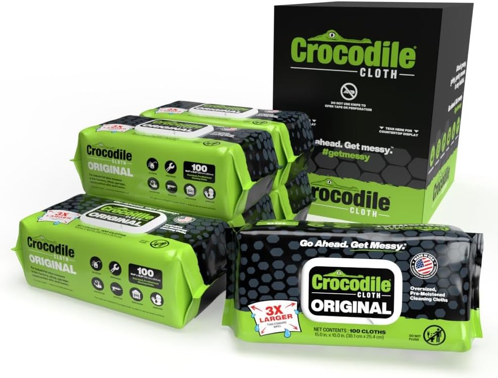 Crocodile Cloth Original Cleaning Wipes, Heavy-Duty Multi-Surface Hand & Tool Wipes, Water-Based, Safe on Skin, 100 Count, 15 x 10 Inch
