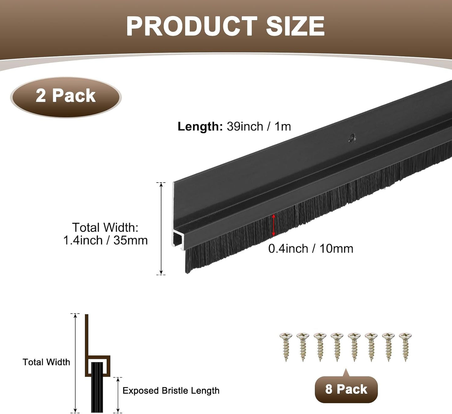 M METERXITY 2Pack Door Sweep - 39" Door Bottom Brush Heavy Duty Seal Draft Stopper Aluminum Base with 50mm Brush, Adhesive/Screw Installation for Interior/Exterior/Garage/Sliding Doors, Black