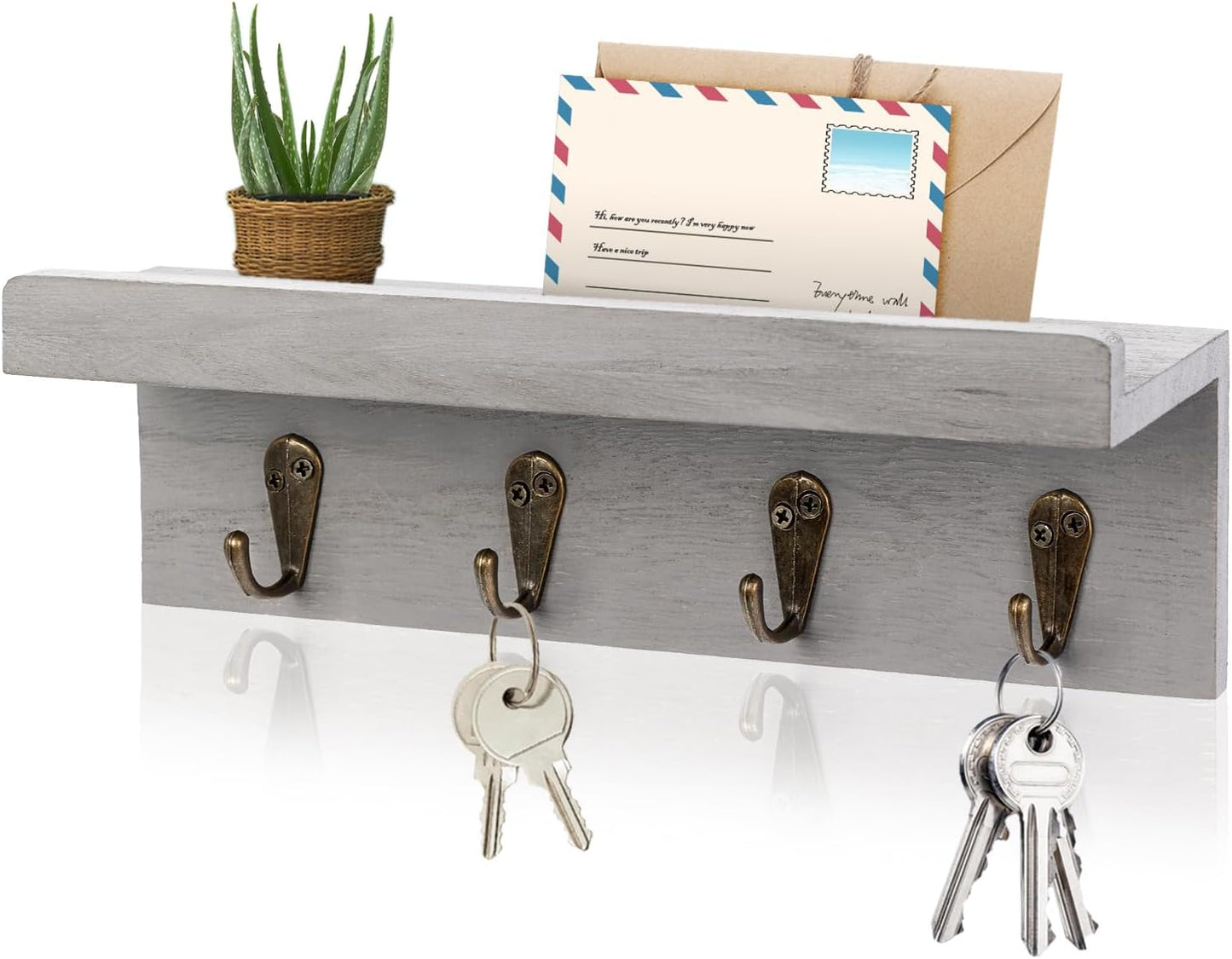 HRONRAD Rustic Key Holder for Wall, Farmhouse Wall Shelf with 4 Hooks, Wall Mounted Key Racks, Wooden Mail Organizer with Hooks for Entryway (Brown)