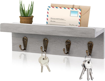 HRONRAD Rustic Key Holder for Wall, Farmhouse Wall Shelf with 4 Hooks, Wall Mounted Key Racks, Wooden Mail Organizer with Hooks for Entryway (Brown)