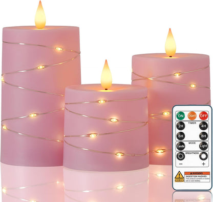Raycare Flameless Candles with Remote Timer, Flickering Battery Operated LED Pillar Fake Candle with String Lights for Home Decor, Christmas, Wedding and Gift, White, Set of 3