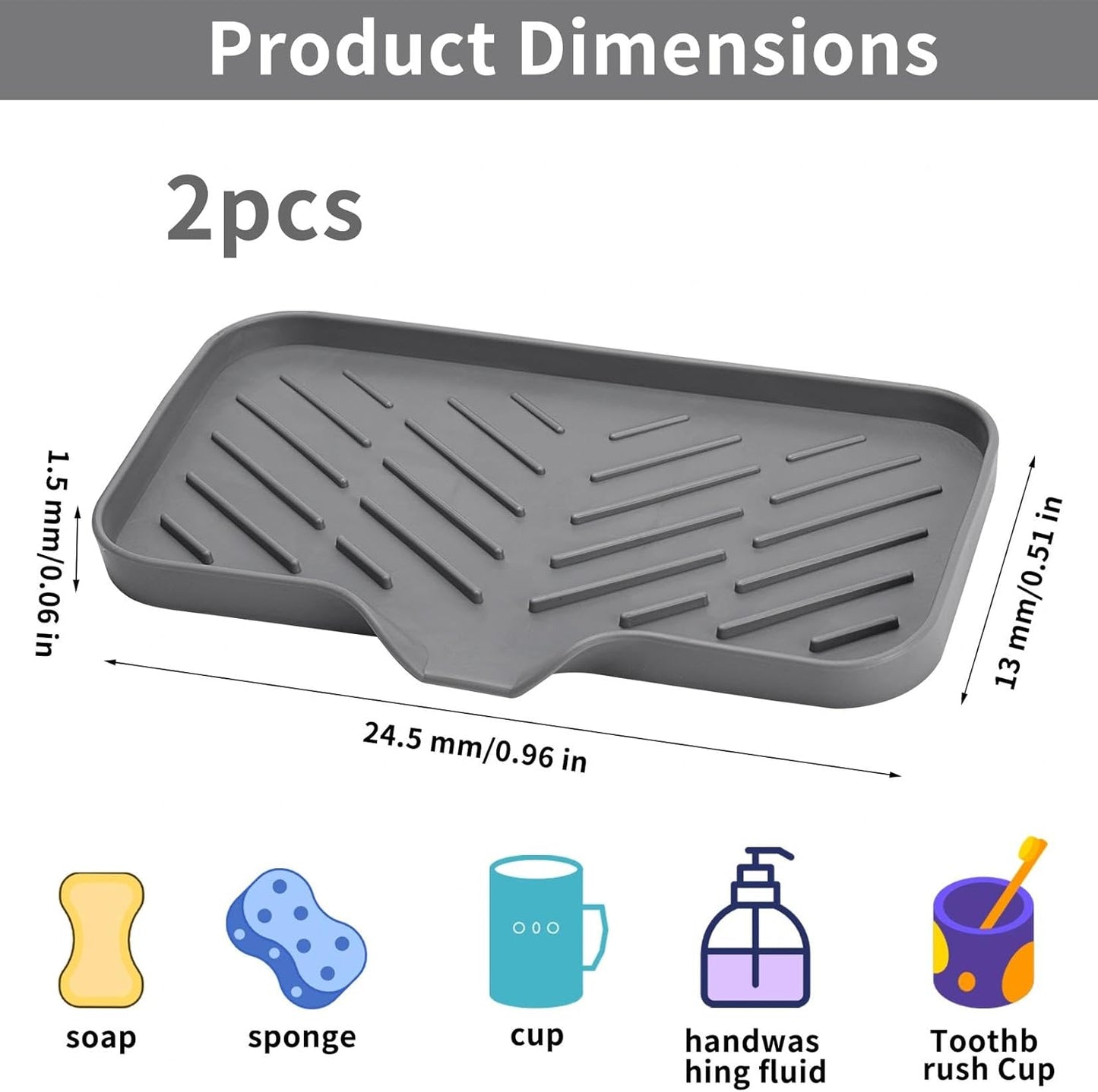 Silicone Sink Caddy Soap Dish with Drain Spout, 2-Pack Sponge Holder Tray for Kitchen & Bathroom Counter, 9.6"×5.3", Raised Ridges, Non-Slip, Easy-Clean, Grey