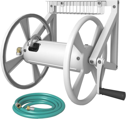 Artigarden Triangle Wall Mounted Garden Hose Reel, Outdoor Heavy-Duty Water Hoses Holder Winder, Holds 125 Ft of 5/8-Inch Hose, with 3.9 ft Leader Hose, Brass Fitting, Storage Basket for Yard, Black