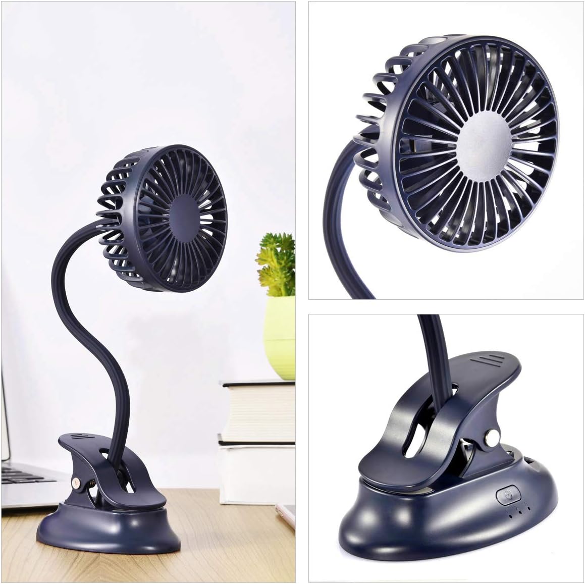 Clip on Fan Usb Battery Operated Desk Clip Fan with Emergency Power Bank, Baby Stroller Fan Rechargeable Personal Fan Flexible Neck 3 Speeds Great for Beach Car Camping Dorm Bed Office-Navy Blue