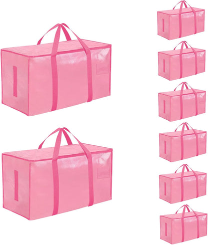 8 Pack-Extra Large Heavy Duty Moving Bags - Waterproof Storage Totes with Handles & Zippers, Foldable for College Dorm, Storage (Clear)