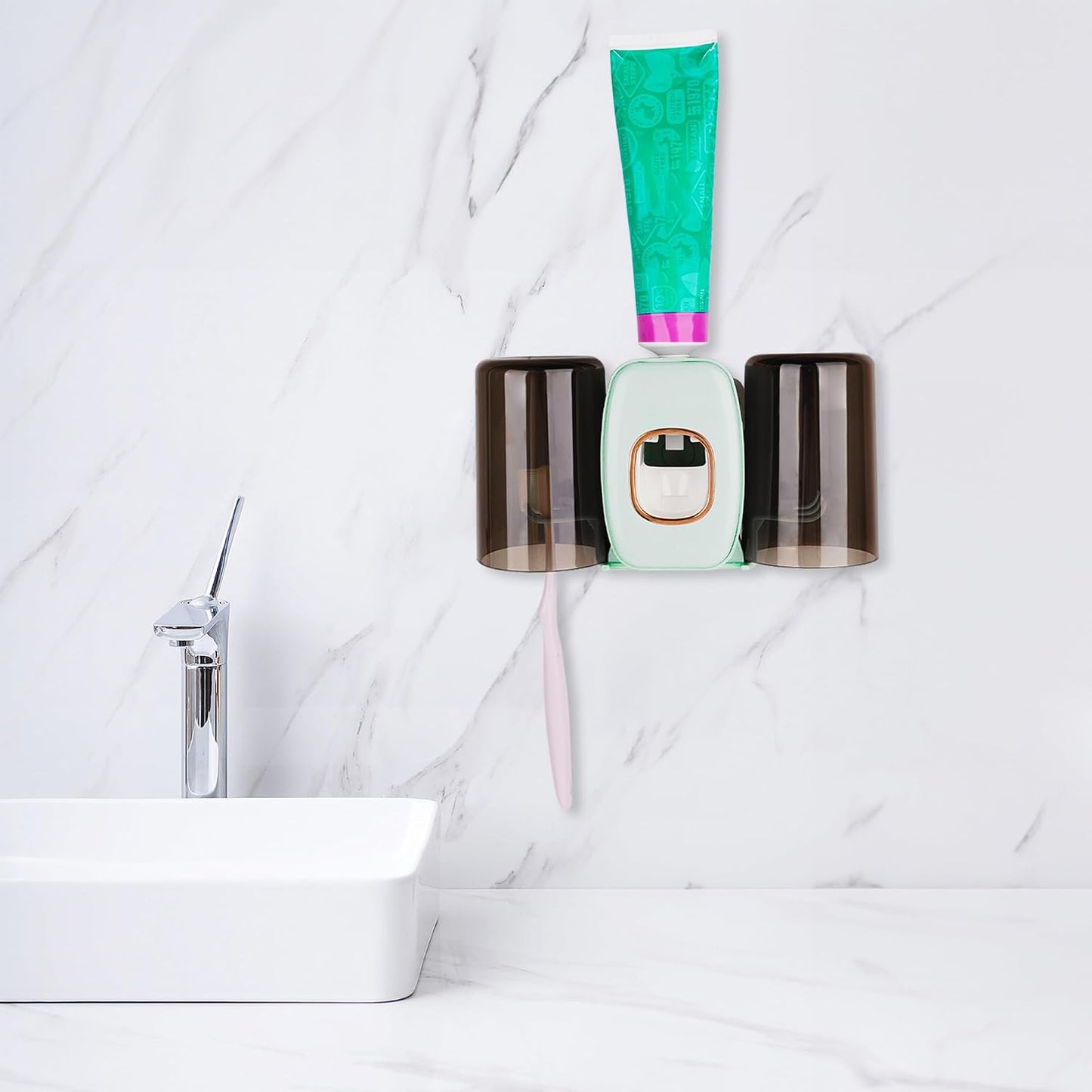 4 Slots Wall Mount Toothbrush Holder with Cover, Self Adhesive Toothbrush Storage Organizer for Shower, Toothbrush Hanger with 2 mouthwash Cups for Bathroom, Medicine Cabinet, Dorm (Black)