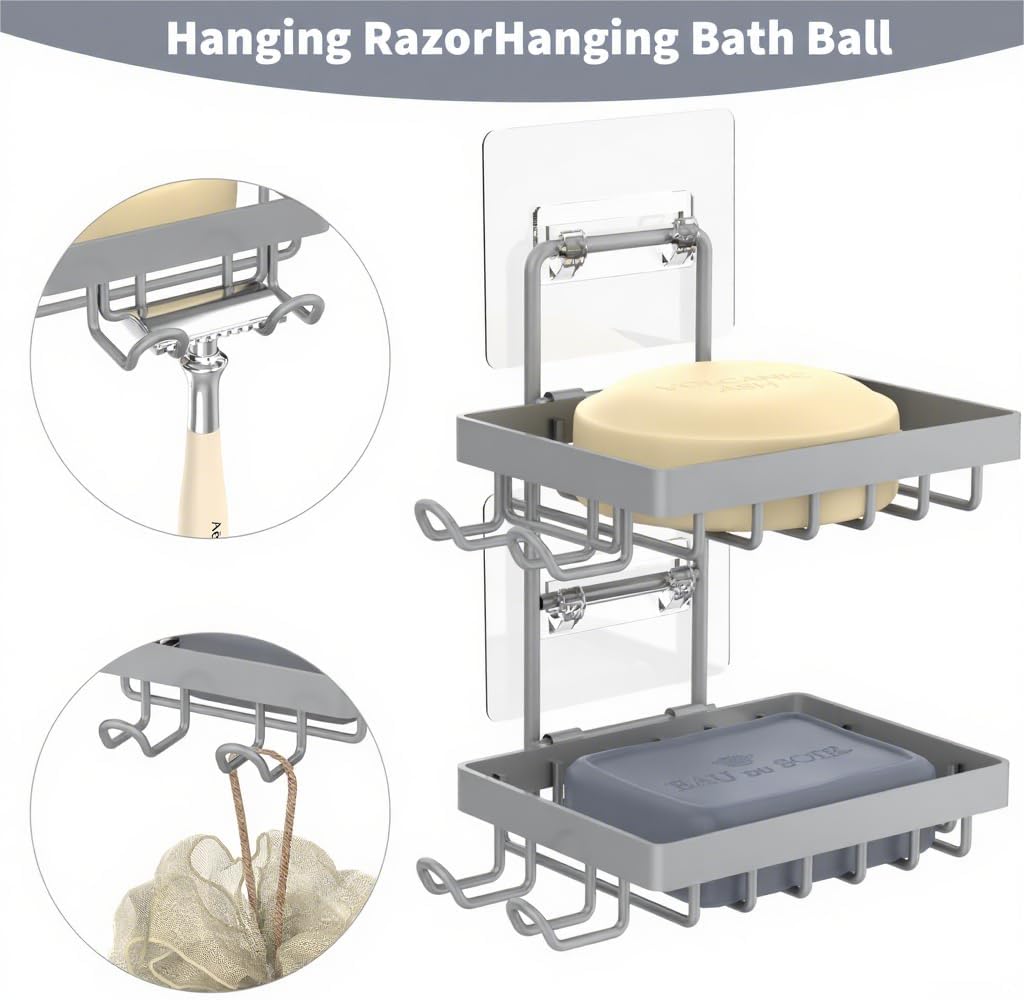 Moforoco Double Soap Bar Holder for Shower, No Drilling, 304 Stainless Steel, Wall Mounted Soap Holder with 4 Hooks and Razor Holder, Shower Rack Soap Tray Bar Soap for Bathroom Accessories Organizer