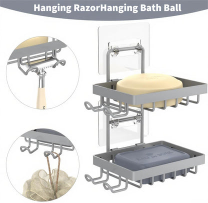 Moforoco Double Soap Bar Holder for Shower, No Drilling, 304 Stainless Steel, Wall Mounted Soap Holder with 4 Hooks and Razor Holder, Shower Rack Soap Tray Bar Soap for Bathroom Accessories Organizer