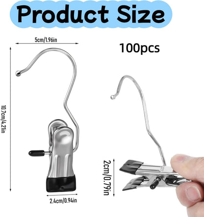 100 Pack Heavy Duty Boot Hanger Clips, Stainless Steel Laundry Hooks with Silicone Clip for Hanging Boots, Pants, Socks, Towels - Space Saving Closet Organizer for Travel & Home