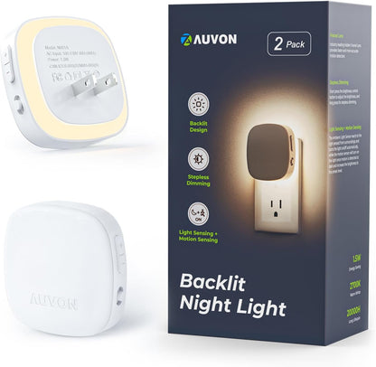 AUVON Plug-in LED Backlit Night Light with Motion Sensor & Dusk to Dawn Sensor, Dimmable Warm White Nightlight with 1-50 lm Adjustable Brightness for Bathroom, Bedroom, Hallway, Stairs (2 Pack)