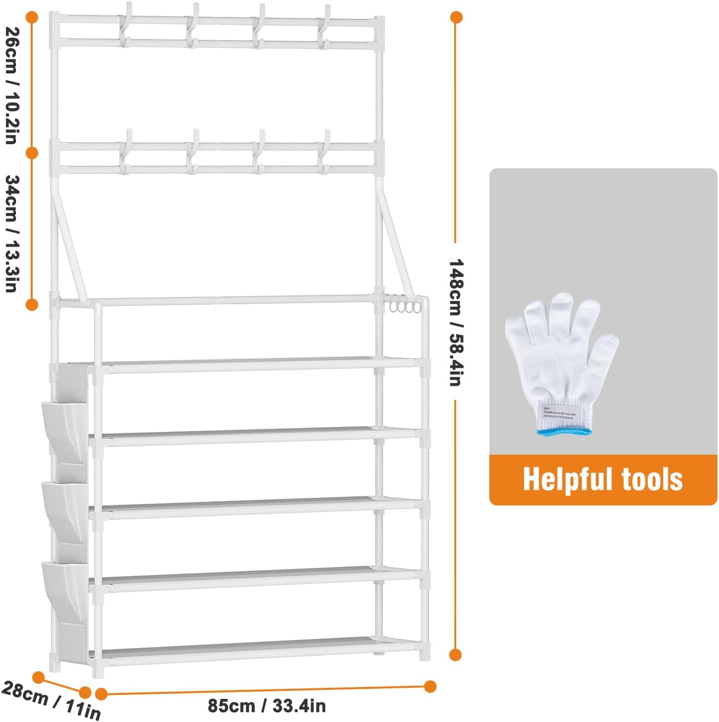 OYREL Shoe Rack, 5 Tier Shoes Storage Organizer, with Functional Hooks and Side Pocket, 20-25 Pairs, for Closet/Entrance/Entryway, Sneaker and Boot Stackable Free Standing Shoe Rack