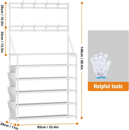 OYREL Shoe Rack, 5 Tier Shoes Storage Organizer, with Functional Hooks and Side Pocket, 20-25 Pairs, for Closet/Entrance/Entryway, Sneaker and Boot Stackable Free Standing Shoe Rack