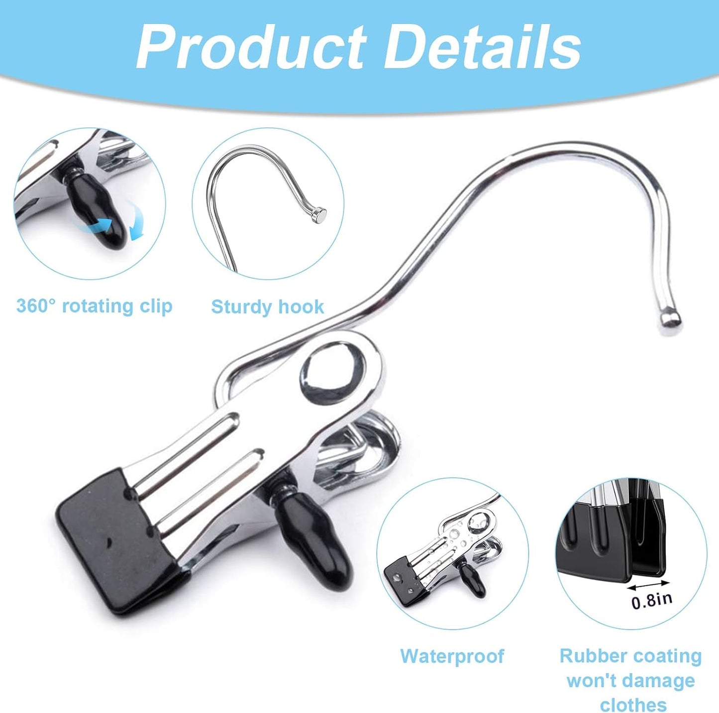12PCS Clips for Hangers, Clothes Pins for Towels Belts, Mixed | 360° swivel hook; rubber coated grip; for beach chairs closet boots bags; travel laundry use