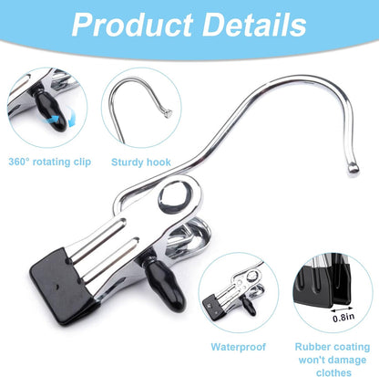 12PCS Clips for Hangers, Clothes Pins for Towels Belts, Mixed | 360° swivel hook; rubber coated grip; for beach chairs closet boots bags; travel laundry use
