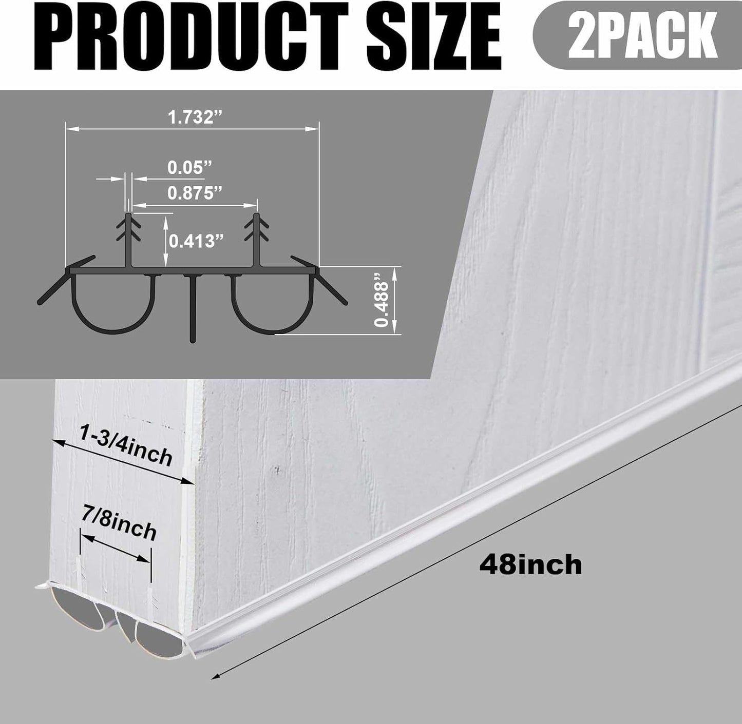 Pushglossy 2 Pcs 48" Double Bubble Kerf Door Sweep 1-3/4" Wide Vinyl Weatherstrip Seal for Exterior Doors, Energy Efficient Draft Stopper, Easy Slide in Installation(White)