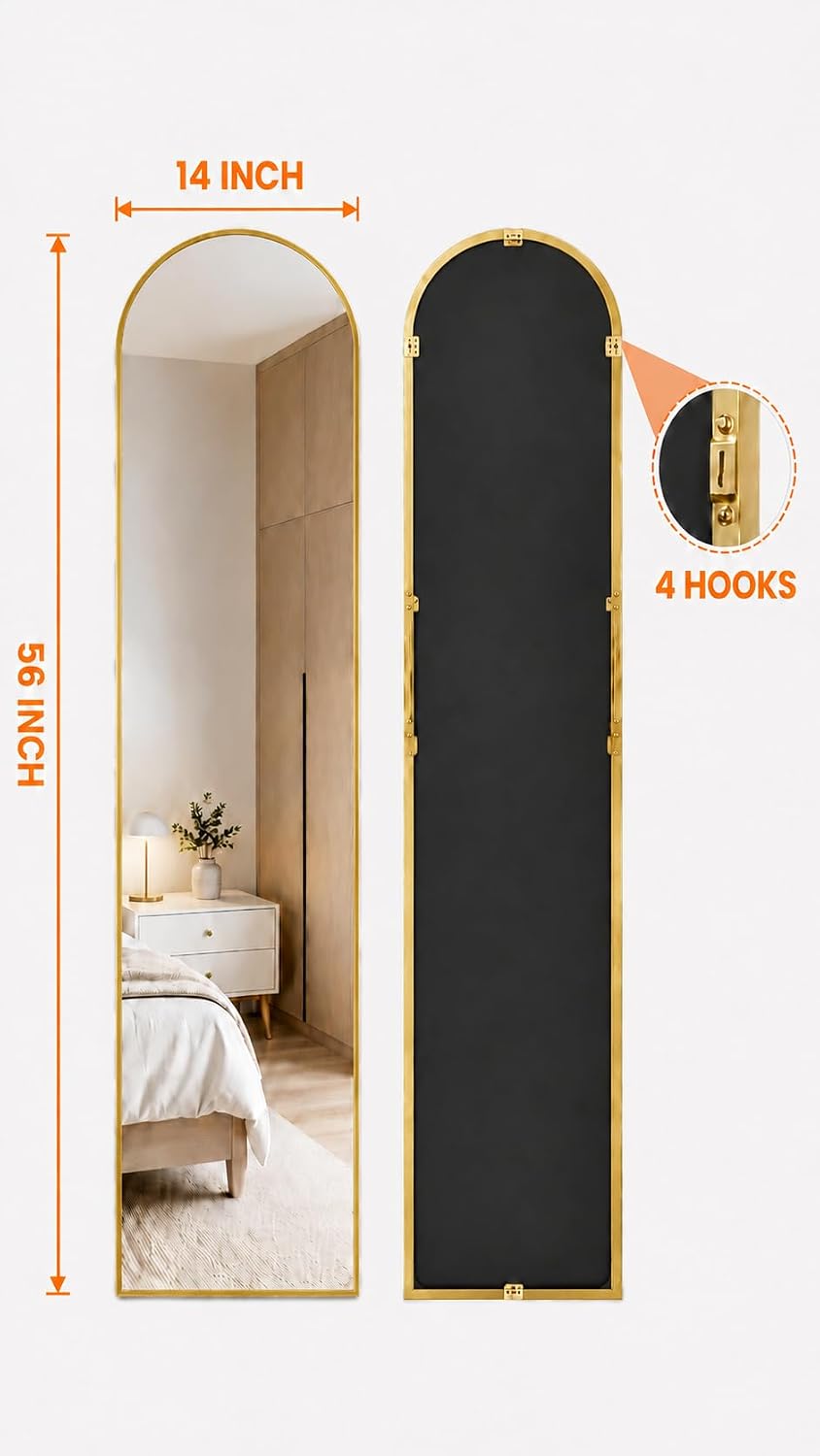 Antok 58" x19” Arched Full Length Floor Mirror, Gold Aluminum Frame, Free Standing/Wall Mount/Leaning for Bedroom, Living Room, Dressing Room