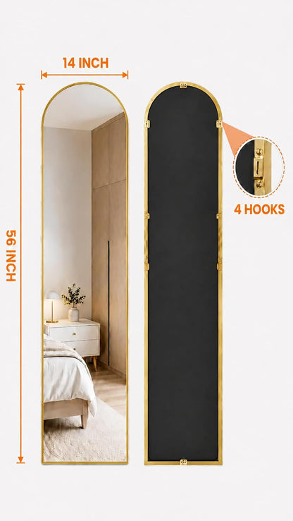 Antok 58" x19” Arched Full Length Floor Mirror, Gold Aluminum Frame, Free Standing/Wall Mount/Leaning for Bedroom, Living Room, Dressing Room