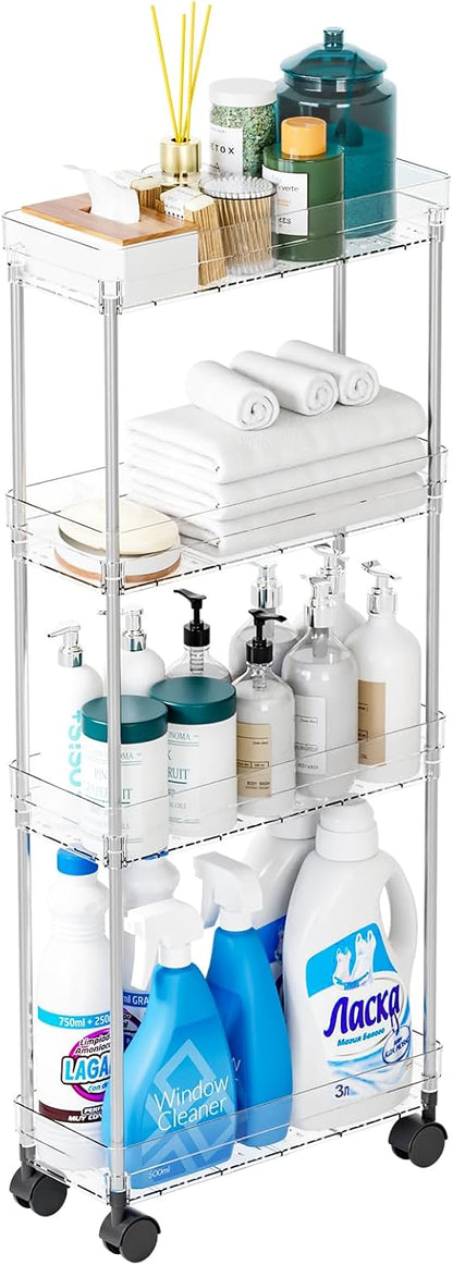 Yieach Clear 3 Tier Slim Rolling Storage Cart with Wheels,6.3″W Thin Shelf,Bathroom Storage Cabinet,Skinny Laundry Cart,Narrow Laundry Room Cart Between Washer and Dryer,Skinny Shelves for Small Space