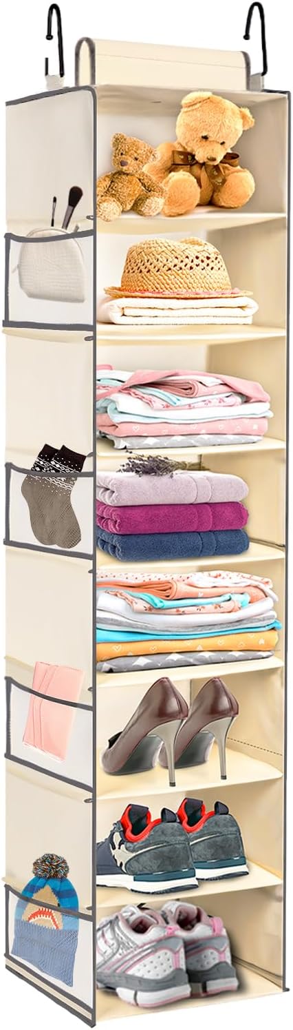 Large-Sized Hanging Shoe Organizer 8-Shelf, Hanging Closet Organizer with 8 Side Pockets, Wider Hanging Shelves for Storage Shoes Clothes 9" W × 11.8" D× 48" H, Grey