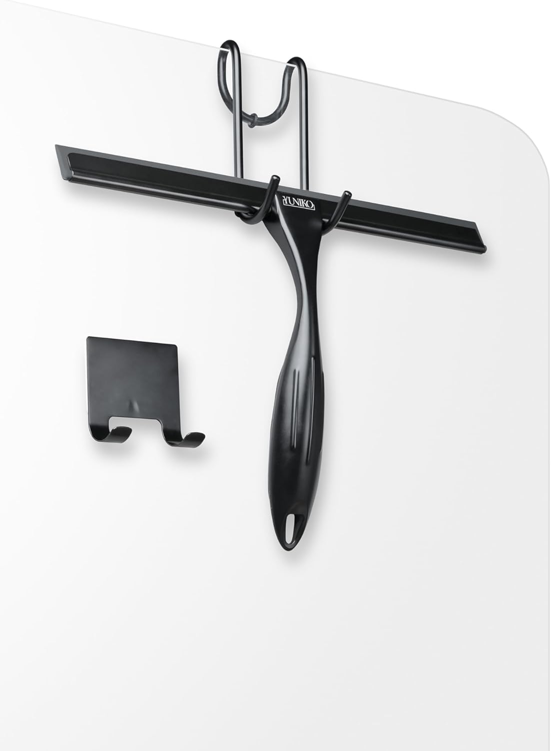 YUNIKO Shower Squeegee – Black Stainless Steel Shower squeegee with Silicone Blade for Shower Doors, Windows, Mirrors, Tiles & Car Windows – Includes 2 Adhesive Hooks, Assembly Tool & Microfiber Cloth
