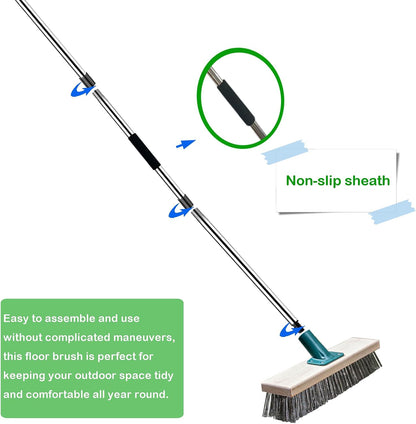 Stainless Steel Wire Brush with Long Handle Deck Broom Brush Floor Scrubber Brush for Cleaning Outdoor Broom for Moss, Tough Stains on Concrete, Grout, Garden, Garage, Patio, Swimming Pool