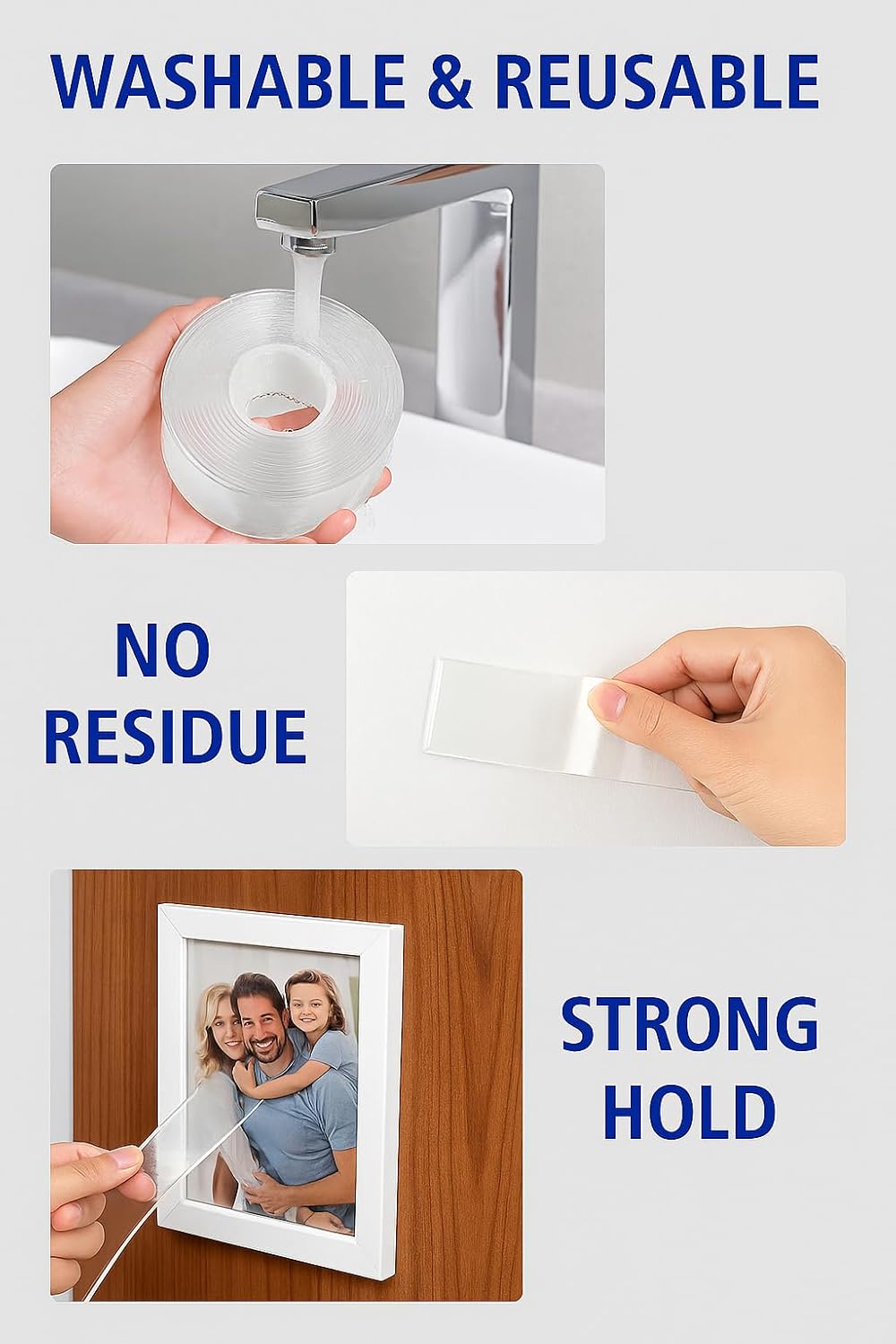 Heavy Duty Double Sided Mounting Tape - 10ft Clear Removable Adhesive Strips for Wall Pictures Decor - Damage Free Reusable Nano Technology