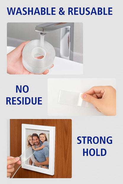 Heavy Duty Double Sided Mounting Tape - 10ft Clear Removable Adhesive Strips for Wall Pictures Decor - Damage Free Reusable Nano Technology