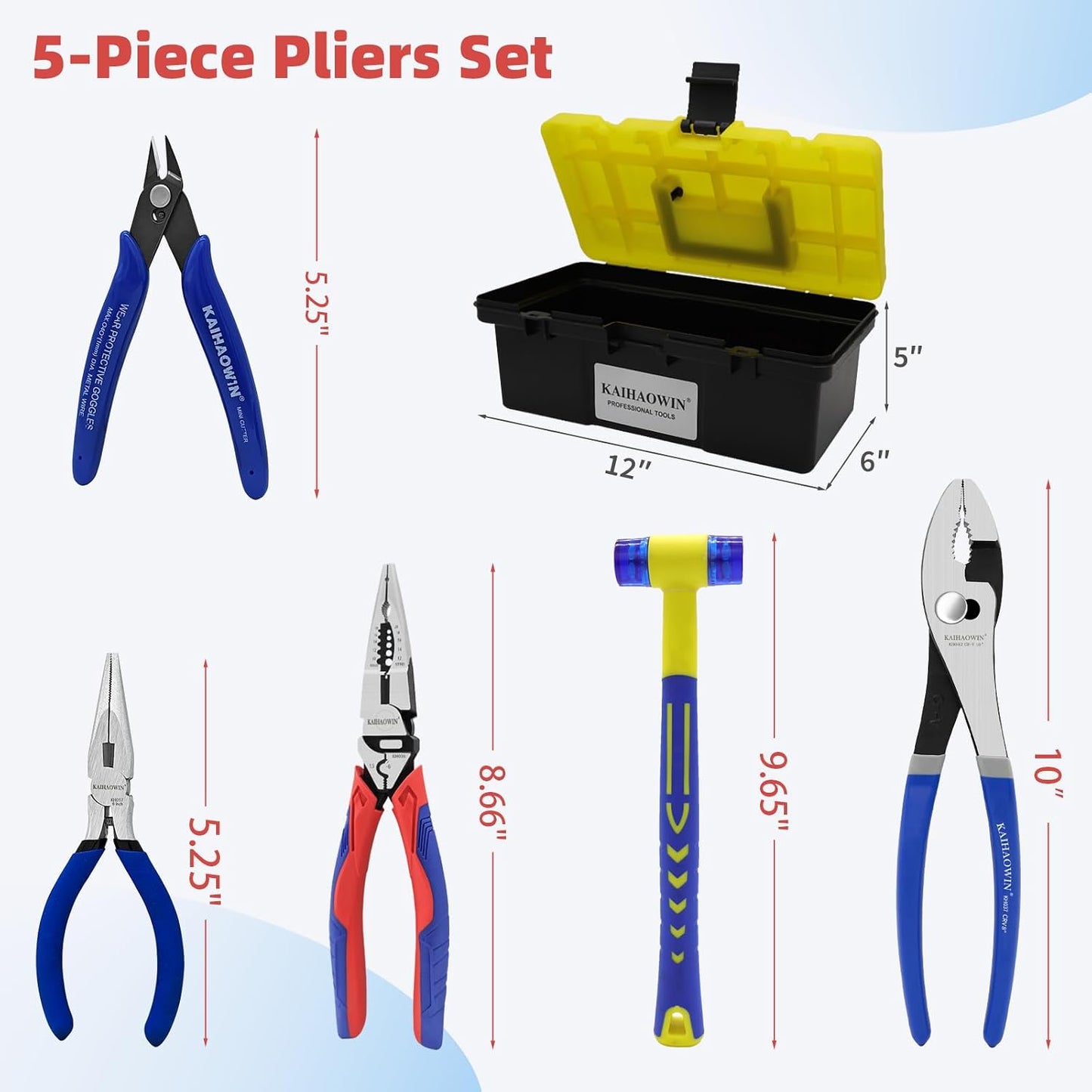 KAIHAOWIN 11-Piece Home Tool Kit with Carry Case - CR-V Steel Pliers Set, Wrench, Hammer, Screwdriver & Wire Cutter for DIY Repair, Automotive, Plumbing & Household Maintenance