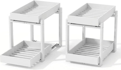 Bamboo Under Sink Organizer and Storage, 2 Pack Pull Out Cabinet Organization, 2 Tier Vertical Slide Out Undersink Storage Shelf, Multi-Purpose Organizer Shelves for Kitchen Bathroom Medicine