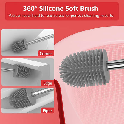 Silicone Toilet Brush with Holder – Wall-Mounted or Freestanding, No-Drill Adhesive Mount, Fast-Drying Ventilated Design with Drip Tray – Long Handle for Deep Cleaning, Compact for Small Bathrooms