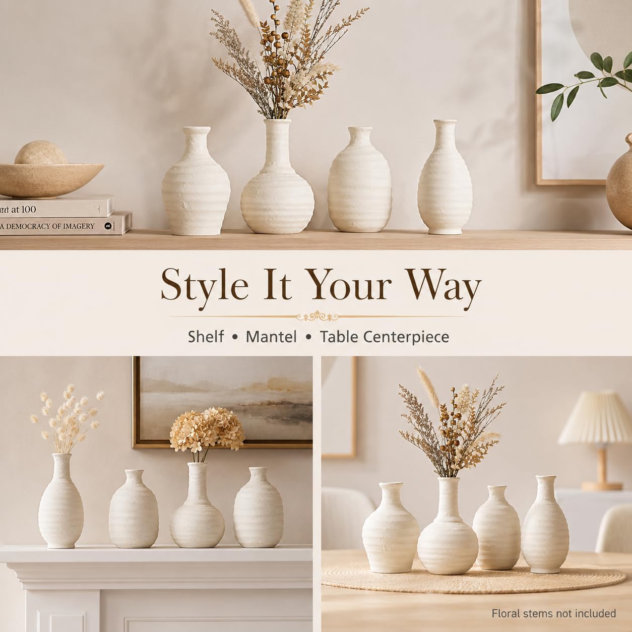 White Textured Ceramic Vases Set of 4, Small Rustic Pottery Vases for Dried Flowers, Minimalist Farmhouse Decorative Bud Vases for Table Shelf Living Room Home Decor