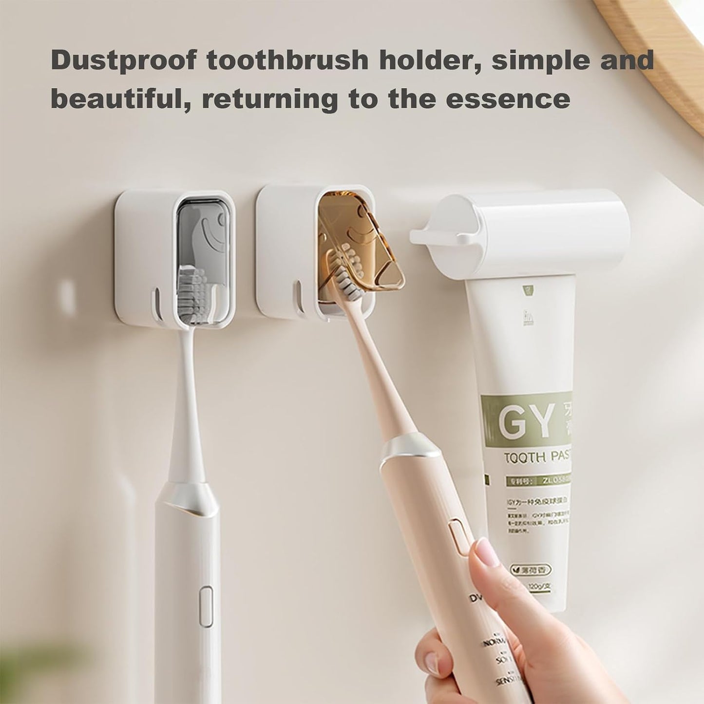 ROOM127 Wall Mounted Toothbrush Holder Set with Toothpaste Dispenser, Amber | 5-Piece Set with 4 Covered Individual Slots, No-Drill Adhesive Mount and Pump-Style Squeezer for Manual or Electric Brushes